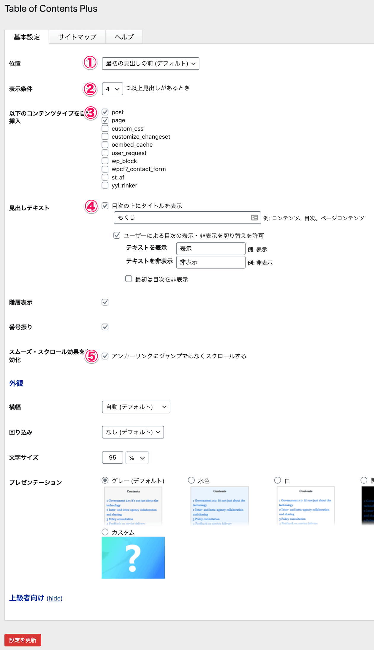 プラグイン「Table of Contents Plus」の設定